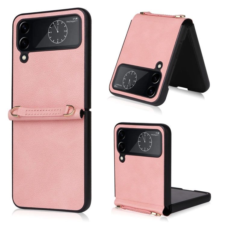 Custodia per telefono in pelle con trama in pelle di agnello con cordino, For Samsung Galaxy Z Flip4