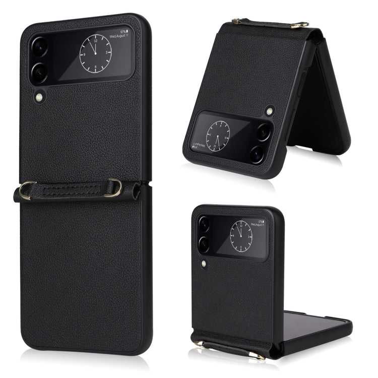 Custodia per telefono in pelle con trama in pelle di agnello con cordino, For Samsung Galaxy Z Flip4