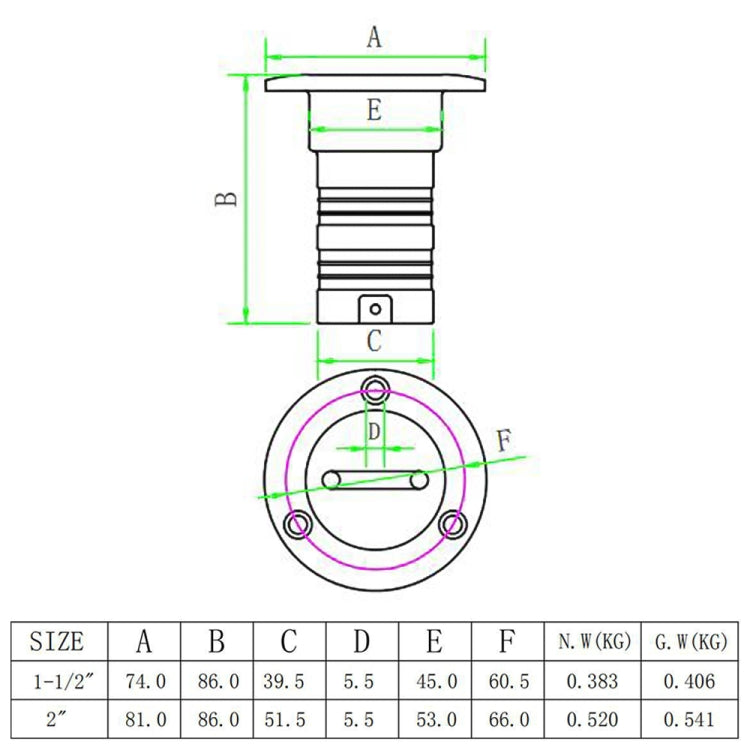 Bocchettone di rifornimento carburante universale per yacht in acciaio inossidabile, 1-1/2 inch, 2 inch