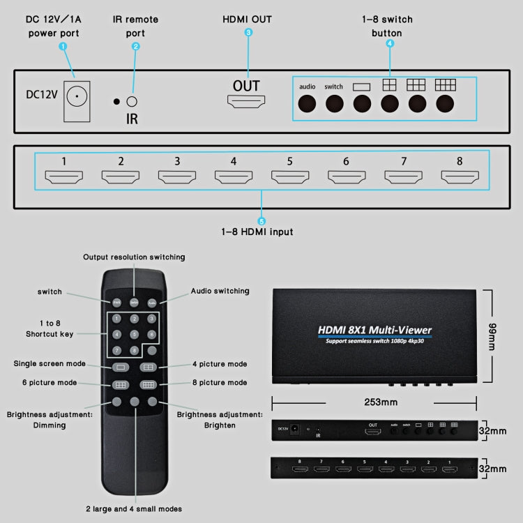 Il multi-viewer HDMI 8x1 NK-818 supporta lo switch seamless 1080P, presa americana, 8 x 1, US Plug