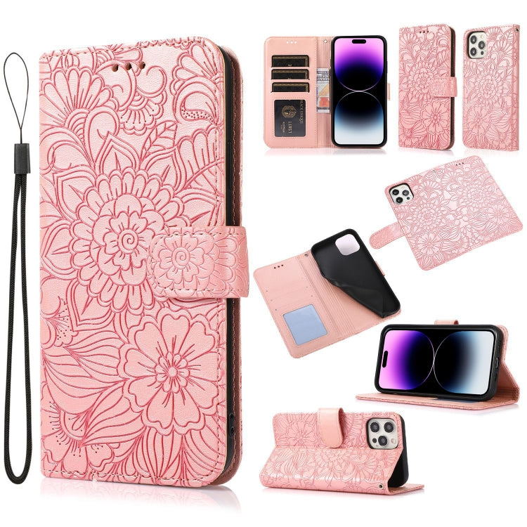Custodia in pelle orizzontale con girasole goffrato Skin Feel, For iPhone 14, For iPhone 14 Plus, For iPhone 14 Pro, For iPhone 14 Pro Max