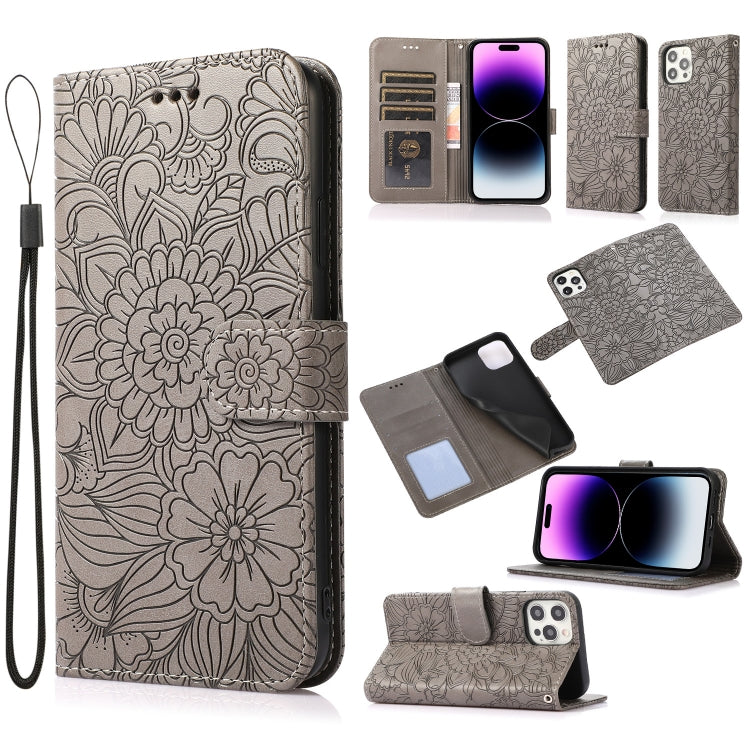 Custodia in pelle orizzontale con girasole goffrato Skin Feel, For iPhone 14, For iPhone 14 Plus, For iPhone 14 Pro, For iPhone 14 Pro Max