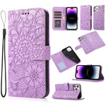 Custodia in pelle orizzontale con girasole goffrato Skin Feel, For iPhone 14, For iPhone 14 Plus, For iPhone 14 Pro, For iPhone 14 Pro Max