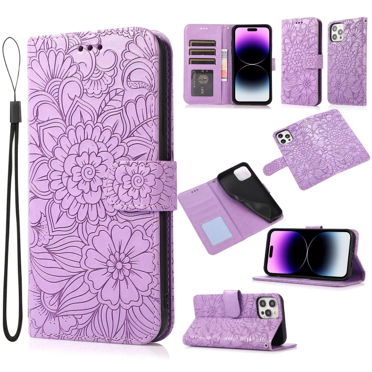Custodia in pelle orizzontale con girasole goffrato Skin Feel, For iPhone 14, For iPhone 14 Plus, For iPhone 14 Pro, For iPhone 14 Pro Max