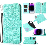 Custodia in pelle orizzontale con girasole goffrato Skin Feel, For iPhone 14, For iPhone 14 Plus, For iPhone 14 Pro, For iPhone 14 Pro Max