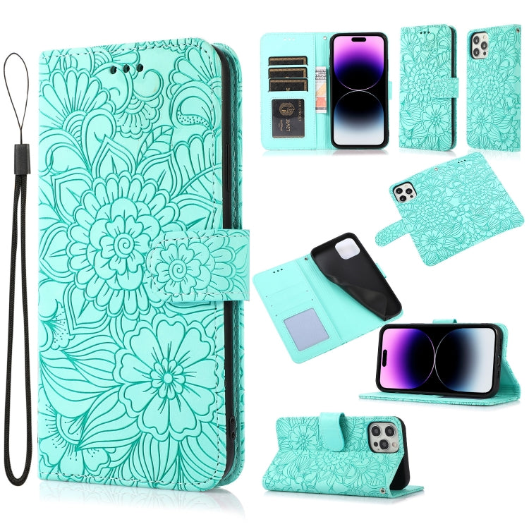 Custodia in pelle orizzontale con girasole goffrato Skin Feel, For iPhone 14, For iPhone 14 Plus, For iPhone 14 Pro, For iPhone 14 Pro Max