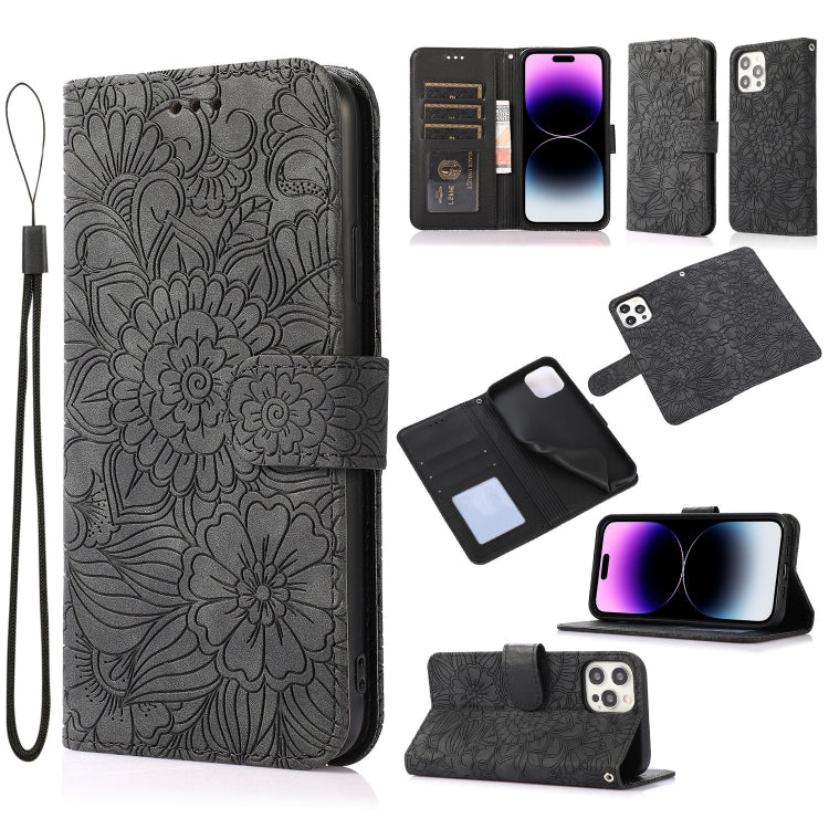 Custodia in pelle orizzontale con girasole goffrato Skin Feel, For iPhone 14, For iPhone 14 Plus, For iPhone 14 Pro, For iPhone 14 Pro Max