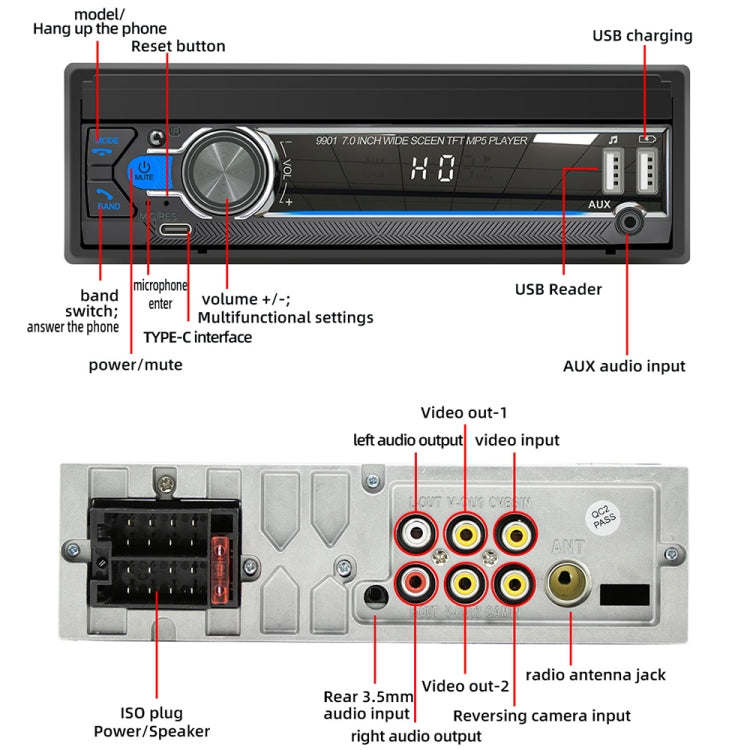 9901 Lettore MP5 retrattile per auto da 7 pollici Supporta FM e Internet per telefoni cellulari, 9901