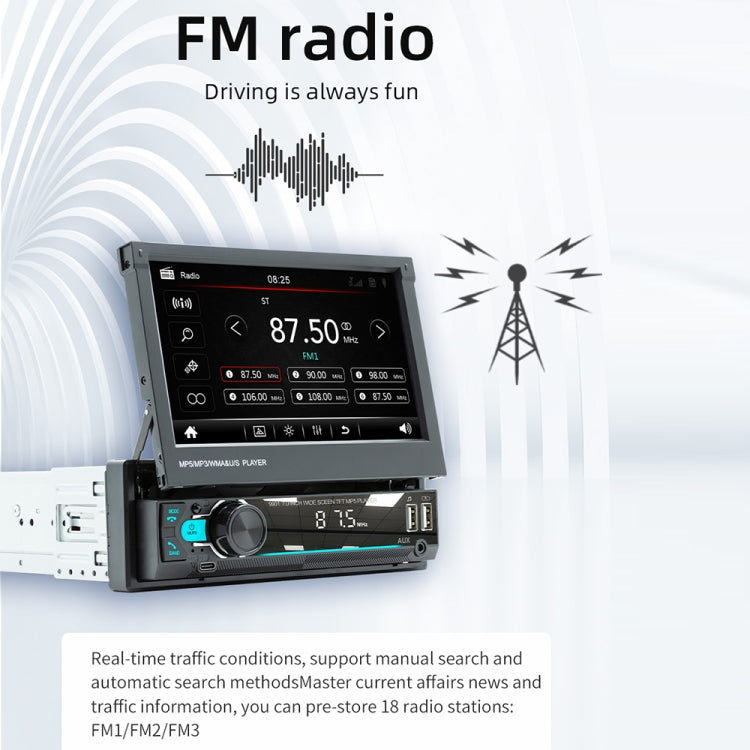 9901 Lettore MP5 retrattile per auto da 7 pollici Supporta FM e Internet per telefoni cellulari, 9901