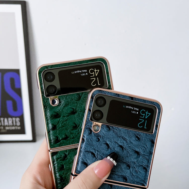 Custodia per telefono galvanica in vera pelle con texture di struzzo, For Samsung Galaxy Z Flip4 5G, For Samsung Galaxy Z Flip3 5G