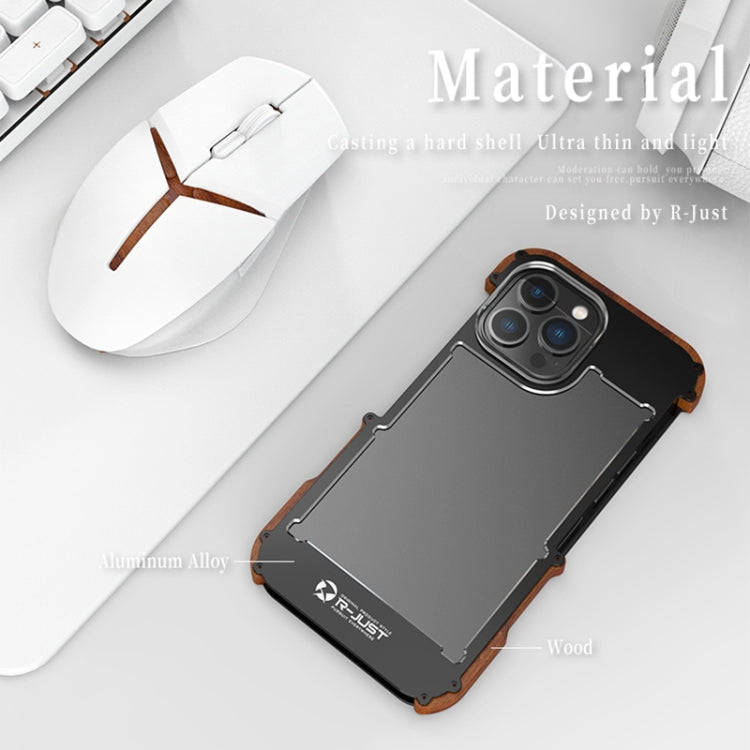 Custodia per telefono in metallo + legno R-JUST Ironwood Generation, For iPhone 14, For iPhone 14 Plus, For iPhone 14 Pro, For iPhone 14 Pro Max