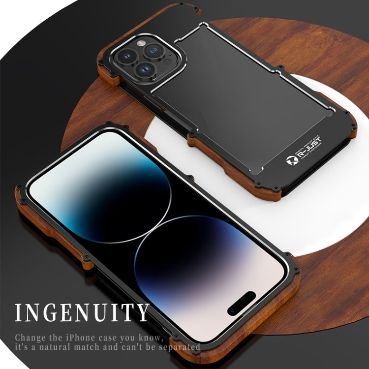 Custodia per telefono in metallo + legno R-JUST Ironwood Generation, For iPhone 14, For iPhone 14 Plus, For iPhone 14 Pro, For iPhone 14 Pro Max