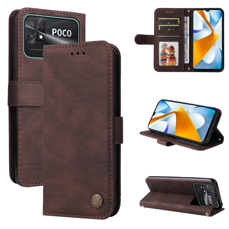 Custodia per telefono in pelle con bottone in metallo con albero della vita Skin Feel, For vivo Y02s, For vivo Y75 4G / S10e, For vivo Y77 5G, For Xiaomi Poco C40