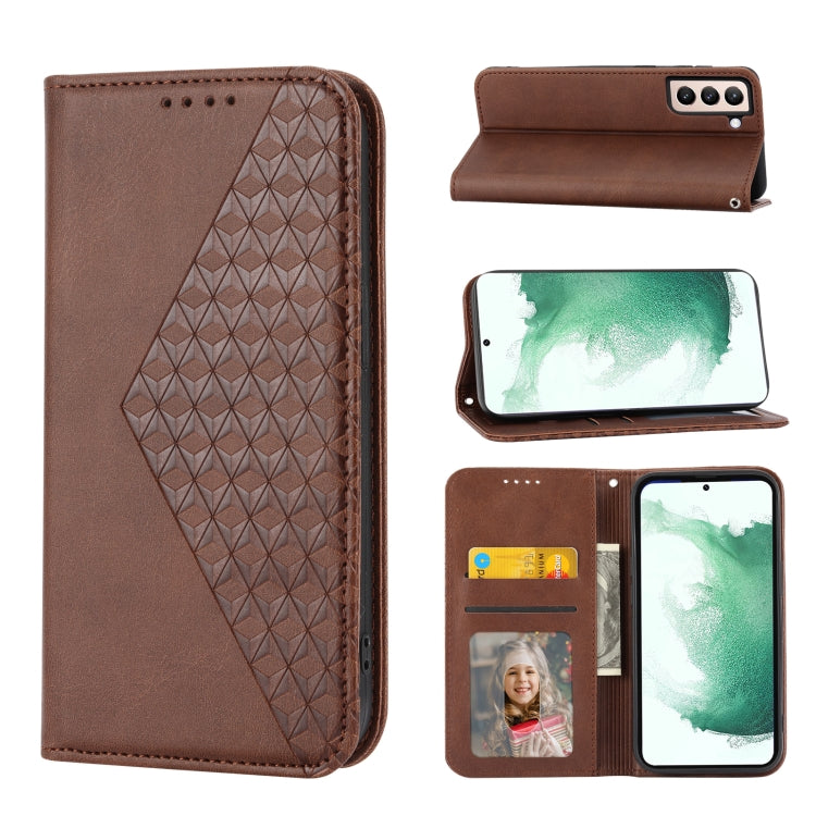 Custodia per telefono in pelle con chiusura magnetica a griglia cubica in vitello, For Samsung Galaxy S22 5G, For Samsung Galaxy S22+ 5G, For Samsung Galaxy S22 Ultra 5G, For Samsung Galaxy S21 5G