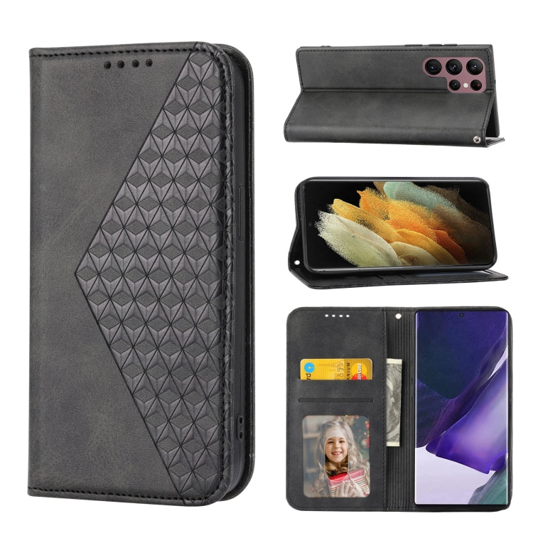 Custodia per telefono in pelle con chiusura magnetica a griglia cubica in vitello, For Samsung Galaxy S22 5G, For Samsung Galaxy S22+ 5G, For Samsung Galaxy S22 Ultra 5G, For Samsung Galaxy S21 5G