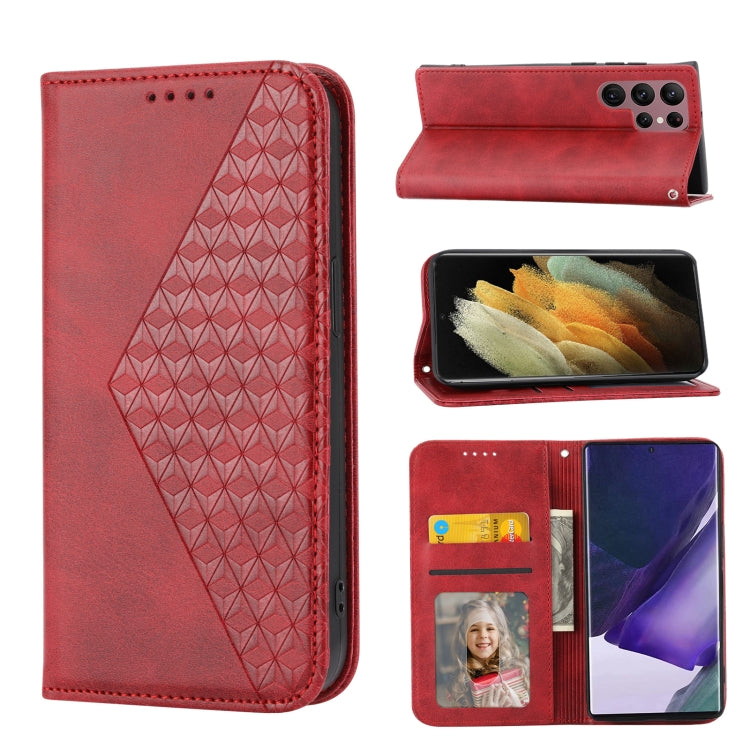Custodia per telefono in pelle con chiusura magnetica a griglia cubica in vitello, For Samsung Galaxy S22 5G, For Samsung Galaxy S22+ 5G, For Samsung Galaxy S22 Ultra 5G, For Samsung Galaxy S21 5G