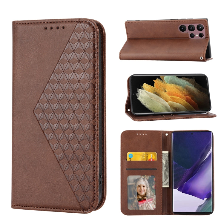 Custodia per telefono in pelle con chiusura magnetica a griglia cubica in vitello, For Samsung Galaxy S22 5G, For Samsung Galaxy S22+ 5G, For Samsung Galaxy S22 Ultra 5G, For Samsung Galaxy S21 5G