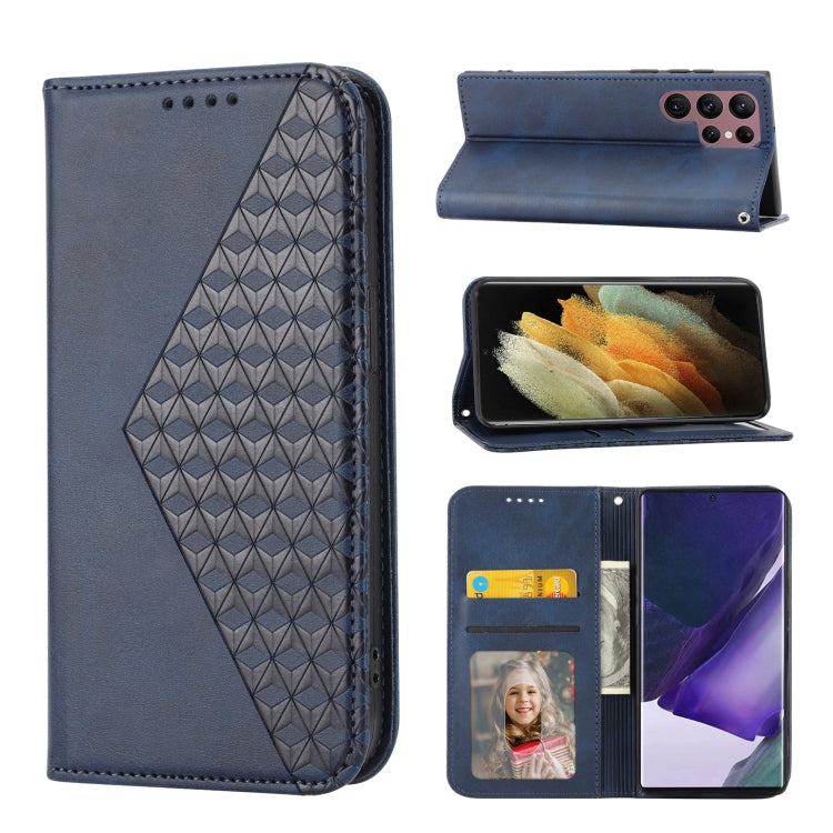 Custodia per telefono in pelle con chiusura magnetica a griglia cubica in vitello, For Samsung Galaxy S22 5G, For Samsung Galaxy S22+ 5G, For Samsung Galaxy S22 Ultra 5G, For Samsung Galaxy S21 5G