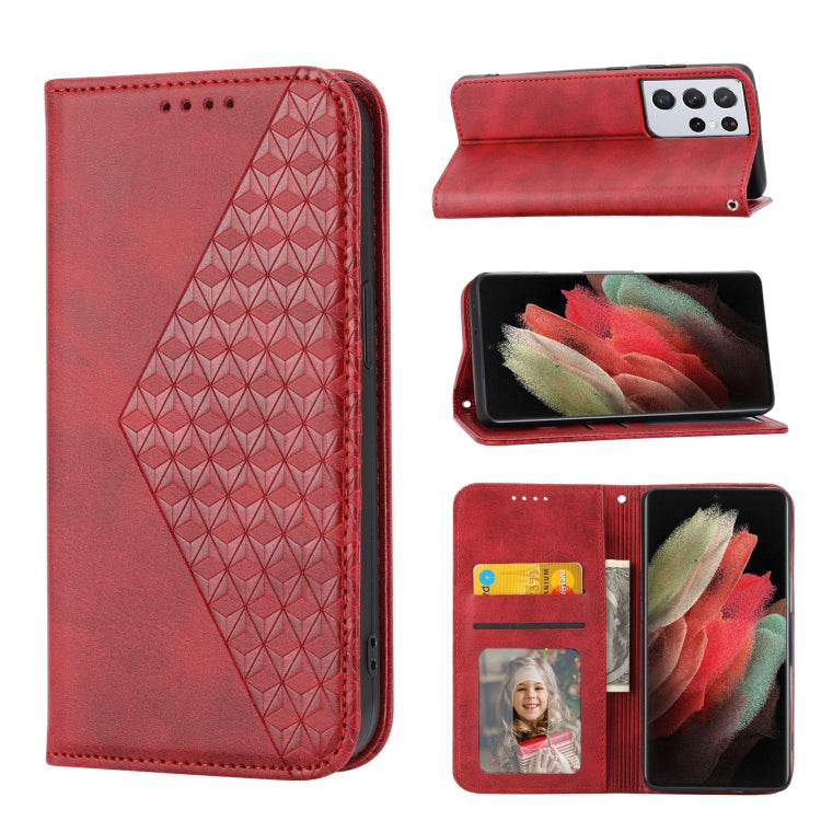 Custodia per telefono in pelle con chiusura magnetica a griglia cubica in vitello, For Samsung Galaxy S21+ 5G, For Samsung Galaxy S21 FE 5G, For Samsung Galaxy S21 Ultra 5G, For Samsung Galaxy A12 5G