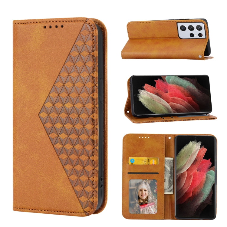 Custodia per telefono in pelle con chiusura magnetica a griglia cubica in vitello, For Samsung Galaxy S21+ 5G, For Samsung Galaxy S21 FE 5G, For Samsung Galaxy S21 Ultra 5G, For Samsung Galaxy A12 5G
