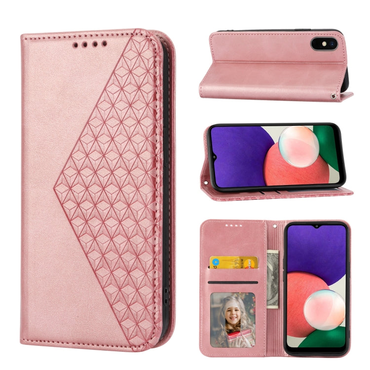 Custodia per telefono in pelle con chiusura magnetica a griglia cubica in vitello, For Samsung Galaxy A22 5G JP Version, For Samsung Galaxy A03s 166mm, For Samsung Galaxy A03s 165.8mm, For Samsung Galaxy A13 4G / 5G