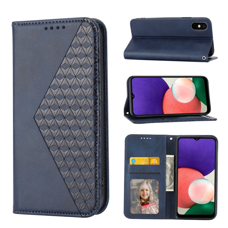 Custodia per telefono in pelle con chiusura magnetica a griglia cubica in vitello, For Samsung Galaxy A22 5G JP Version, For Samsung Galaxy A03s 166mm, For Samsung Galaxy A03s 165.8mm, For Samsung Galaxy A13 4G / 5G