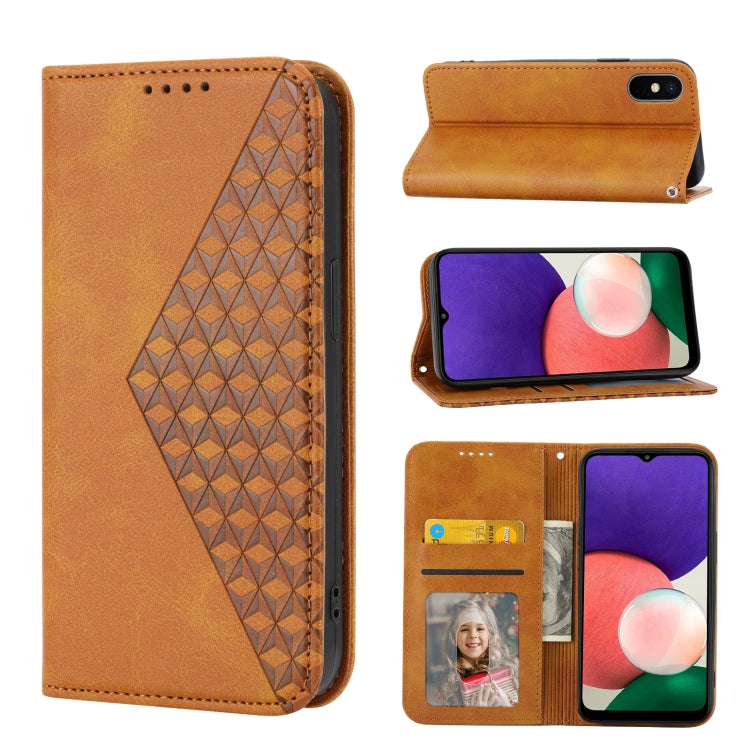 Custodia per telefono in pelle con chiusura magnetica a griglia cubica in vitello, For Samsung Galaxy A22 5G JP Version, For Samsung Galaxy A03s 166mm, For Samsung Galaxy A03s 165.8mm, For Samsung Galaxy A13 4G / 5G