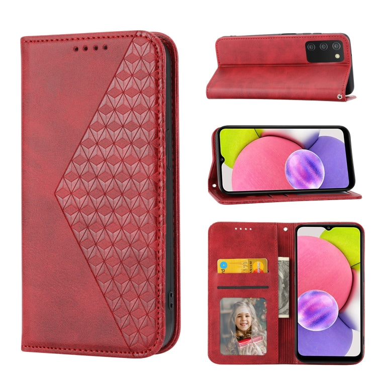 Custodia per telefono in pelle con chiusura magnetica a griglia cubica in vitello, For Samsung Galaxy A22 5G JP Version, For Samsung Galaxy A03s 166mm, For Samsung Galaxy A03s 165.8mm, For Samsung Galaxy A13 4G / 5G