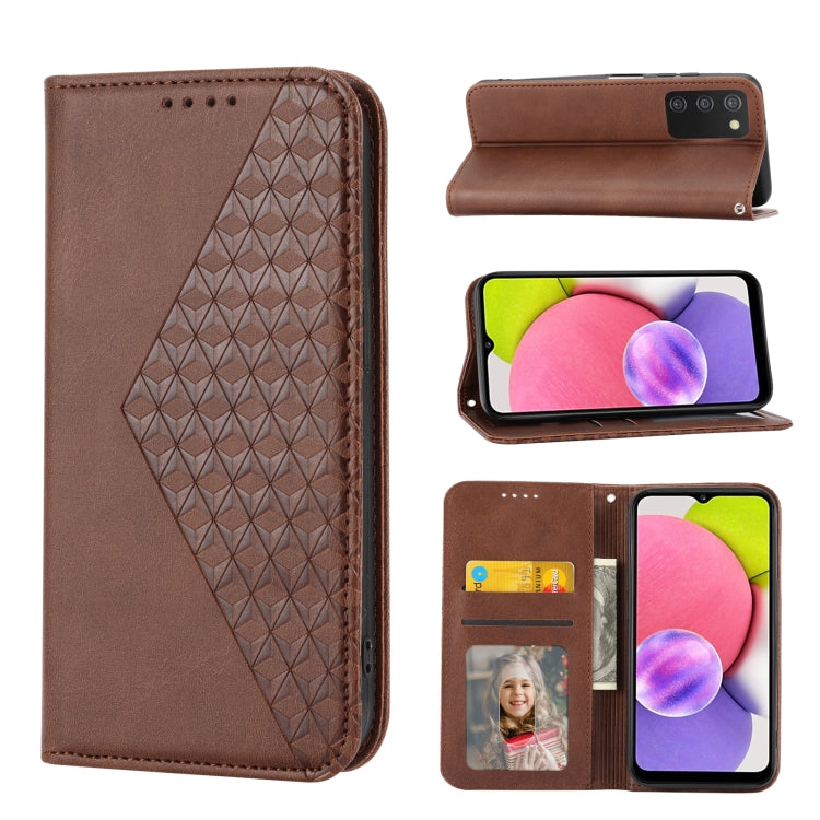 Custodia per telefono in pelle con chiusura magnetica a griglia cubica in vitello, For Samsung Galaxy A22 5G JP Version, For Samsung Galaxy A03s 166mm, For Samsung Galaxy A03s 165.8mm, For Samsung Galaxy A13 4G / 5G
