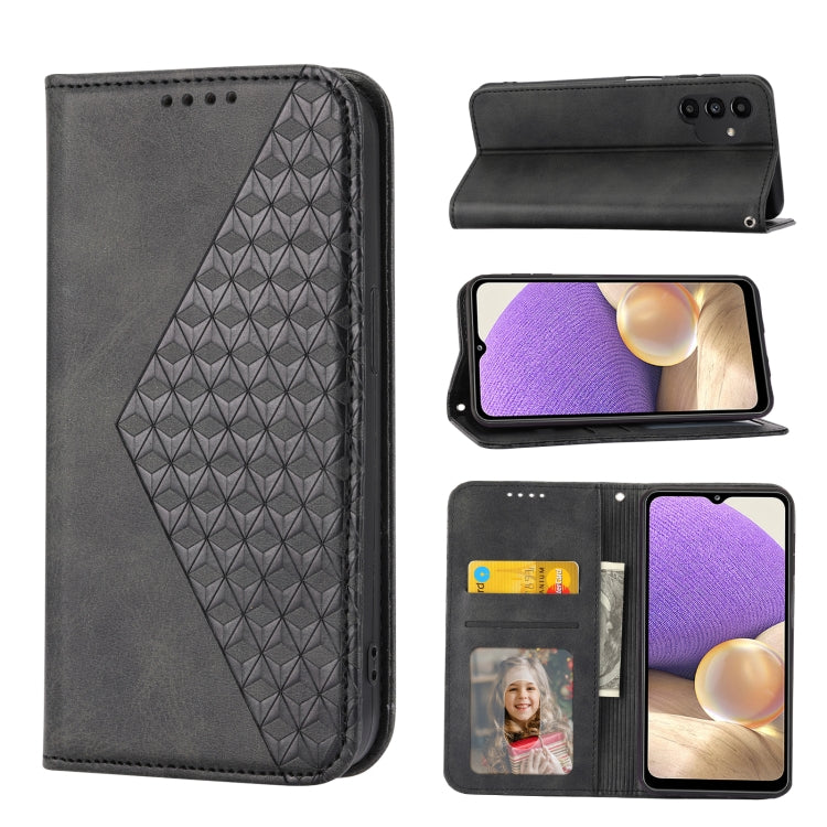 Custodia per telefono in pelle con chiusura magnetica a griglia cubica in vitello, For Samsung Galaxy A22 5G JP Version, For Samsung Galaxy A03s 166mm, For Samsung Galaxy A03s 165.8mm, For Samsung Galaxy A13 4G / 5G