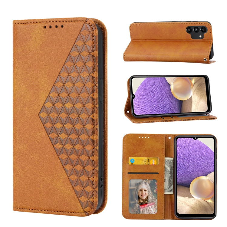 Custodia per telefono in pelle con chiusura magnetica a griglia cubica in vitello, For Samsung Galaxy A22 5G JP Version, For Samsung Galaxy A03s 166mm, For Samsung Galaxy A03s 165.8mm, For Samsung Galaxy A13 4G / 5G