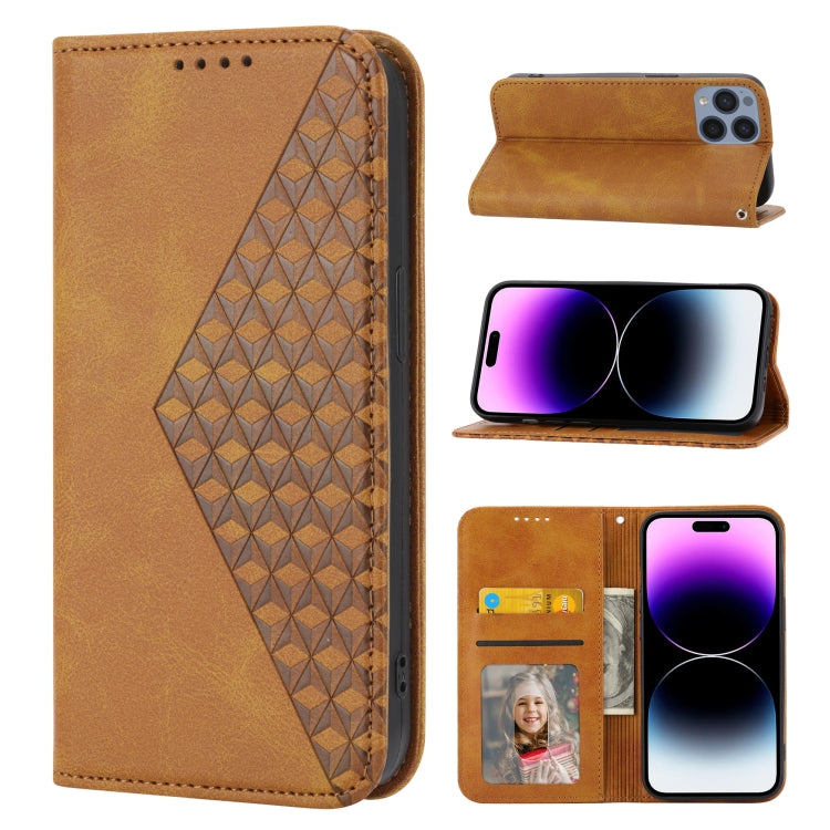 Custodia per telefono in pelle con chiusura magnetica a griglia cubica in vitello, For iPhone 14, For iPhone 14 Plus, For iPhone 14 Pro, For iPhone 14 Pro Max
