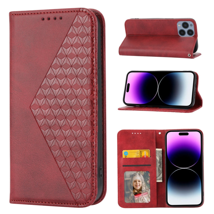 Custodia per telefono in pelle con chiusura magnetica a griglia cubica in vitello, For iPhone 14, For iPhone 14 Plus, For iPhone 14 Pro, For iPhone 14 Pro Max