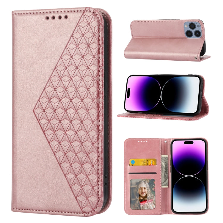 Custodia per telefono in pelle con chiusura magnetica a griglia cubica in vitello, For iPhone 14, For iPhone 14 Plus, For iPhone 14 Pro, For iPhone 14 Pro Max