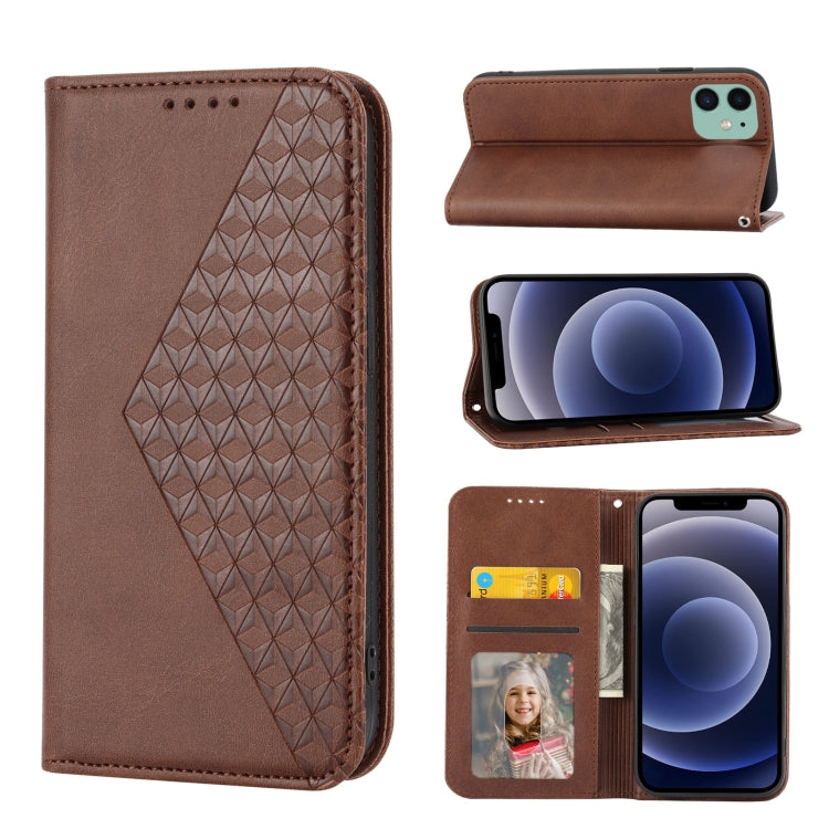 Custodia per telefono in pelle con chiusura magnetica a griglia cubica in vitello, For iPhone 12 mini, For iPhone 12 / 12 Pro, For iPhone 12 Pro Max, For iPhone 11