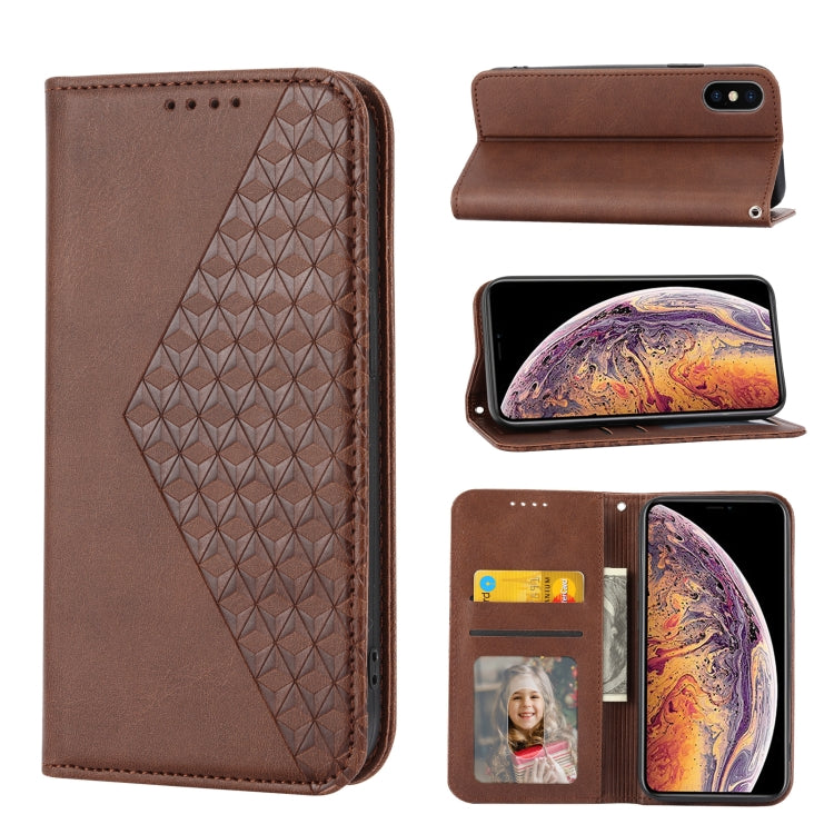 Custodia per telefono in pelle con chiusura magnetica a griglia cubica in vitello, For iPhone 11 Pro, For iPhone 11 Pro Max, For iPhone X / XS, For iPhone XR