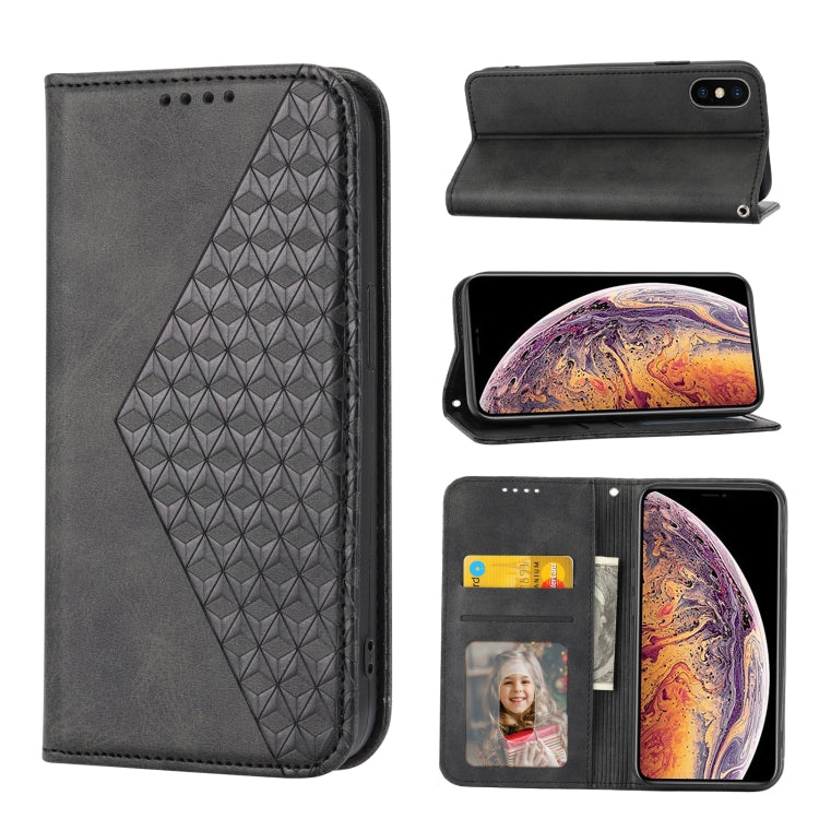 Custodia per telefono in pelle con chiusura magnetica a griglia cubica in vitello, For iPhone XS Max, For iPhone SE 2022 / SE 2020 / 7 / 8, For iPhone 7 Plus / 8 Plus