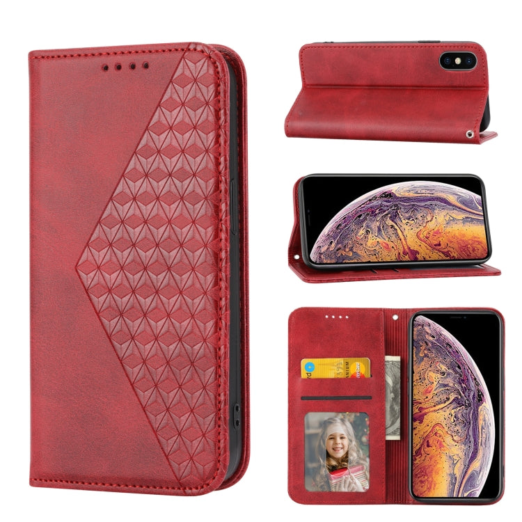 Custodia per telefono in pelle con chiusura magnetica a griglia cubica in vitello, For iPhone XS Max, For iPhone SE 2022 / SE 2020 / 7 / 8, For iPhone 7 Plus / 8 Plus