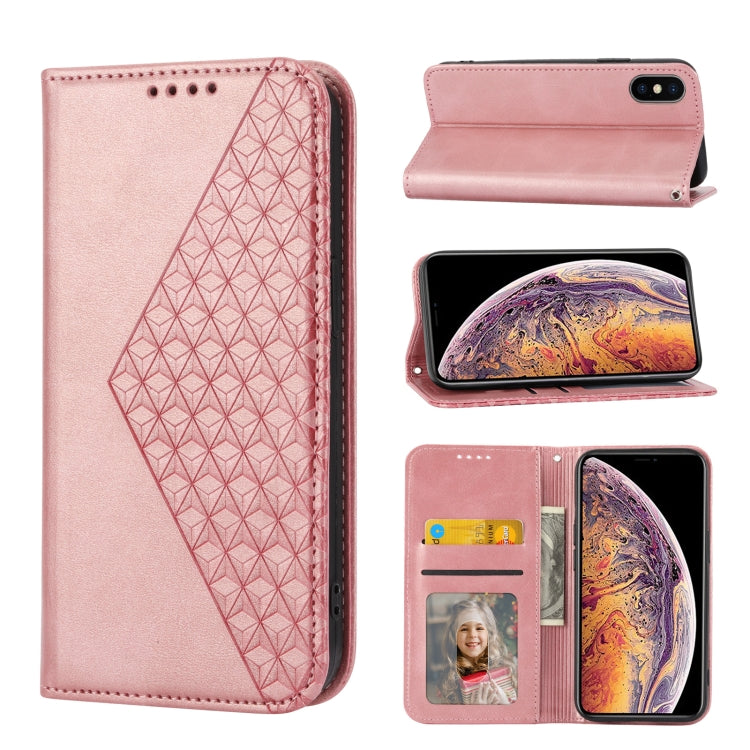 Custodia per telefono in pelle con chiusura magnetica a griglia cubica in vitello, For iPhone XS Max, For iPhone SE 2022 / SE 2020 / 7 / 8, For iPhone 7 Plus / 8 Plus