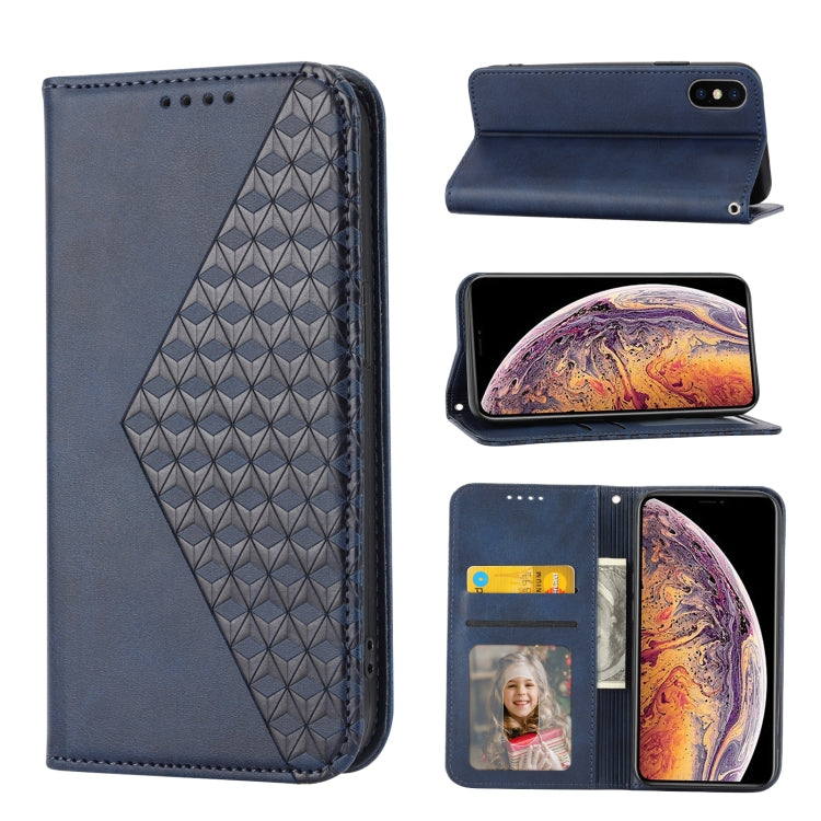 Custodia per telefono in pelle con chiusura magnetica a griglia cubica in vitello, For iPhone XS Max, For iPhone SE 2022 / SE 2020 / 7 / 8, For iPhone 7 Plus / 8 Plus