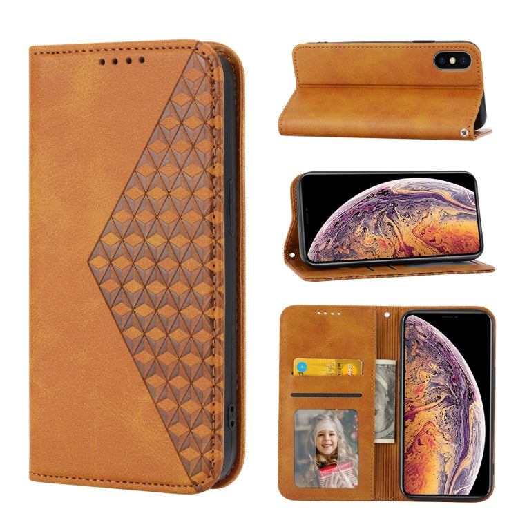 Custodia per telefono in pelle con chiusura magnetica a griglia cubica in vitello, For iPhone XS Max, For iPhone SE 2022 / SE 2020 / 7 / 8, For iPhone 7 Plus / 8 Plus