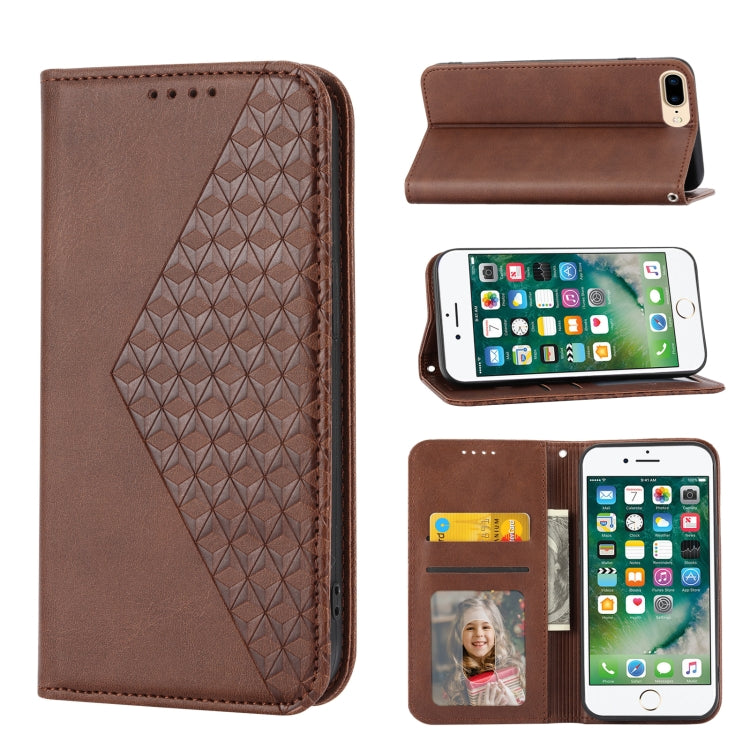 Custodia per telefono in pelle con chiusura magnetica a griglia cubica in vitello, For iPhone XS Max, For iPhone SE 2022 / SE 2020 / 7 / 8, For iPhone 7 Plus / 8 Plus