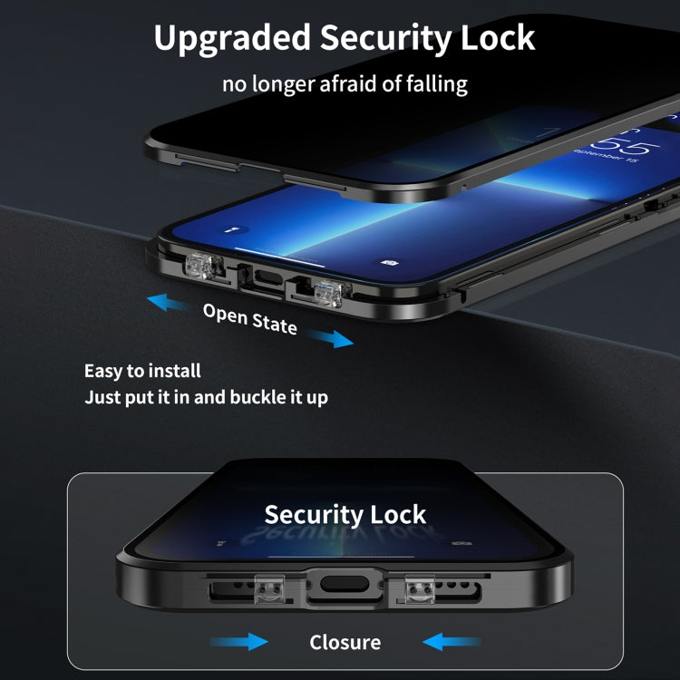 Custodia per telefono magnetica smerigliata per tutto il corpo in vetro anti-peeping Dual-Lock 360, For iPhone 14, For iPhone 14 Plus, For iPhone 14 Pro, For iPhone 14 Pro Max
