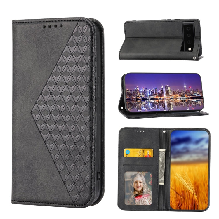 Custodia per telefono in pelle con chiusura magnetica a griglia cubica in vitello, For Google Pixel 6 Pro, For Google Pixel 6a, For Google Pixel 7, For Google Pixel 7 Pro