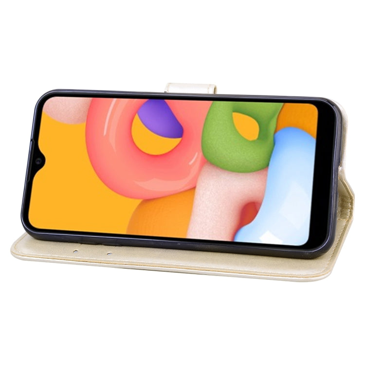 Custodia in pelle PU con vibrazione orizzontale in rilievo rosa con supporto, slot per carte e portafoglio, For Galaxy A01