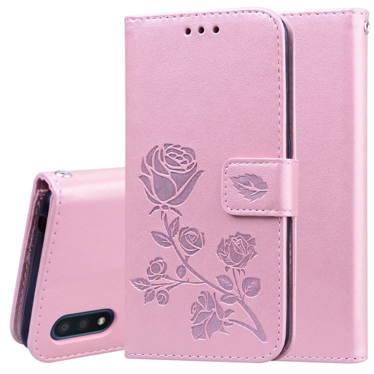 Custodia in pelle PU con vibrazione orizzontale in rilievo rosa con supporto, slot per carte e portafoglio, For Galaxy A01