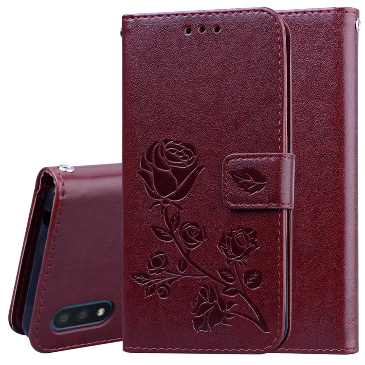 Custodia in pelle PU con vibrazione orizzontale in rilievo rosa con supporto, slot per carte e portafoglio, For Galaxy A01