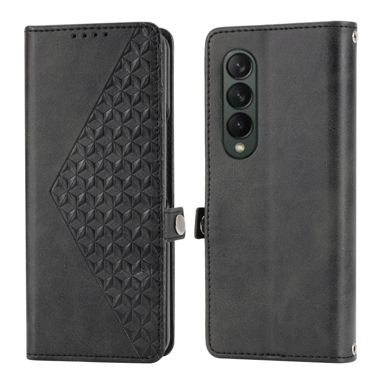 Custodia per telefono in pelle con trama di vitello a griglia cubica con cordino da collo, For Samsung Galaxy Z Fold4, For Samsung Galaxy Z Fold3 5G, For Samsung Galaxy Z Flip4, For Samsung Galaxy Z Flip3 5G