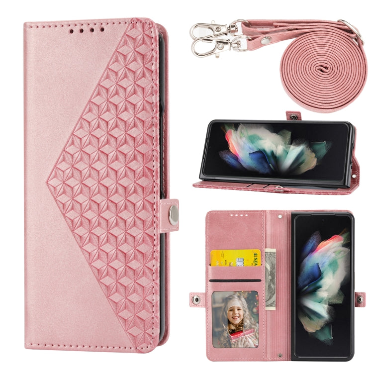 Custodia per telefono in pelle con trama di vitello a griglia cubica con cordino da collo, For Samsung Galaxy Z Fold4, For Samsung Galaxy Z Fold3 5G, For Samsung Galaxy Z Flip4, For Samsung Galaxy Z Flip3 5G