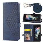 Custodia per telefono in pelle con trama di vitello a griglia cubica con cordino da collo, For Samsung Galaxy Z Fold4, For Samsung Galaxy Z Fold3 5G, For Samsung Galaxy Z Flip4, For Samsung Galaxy Z Flip3 5G